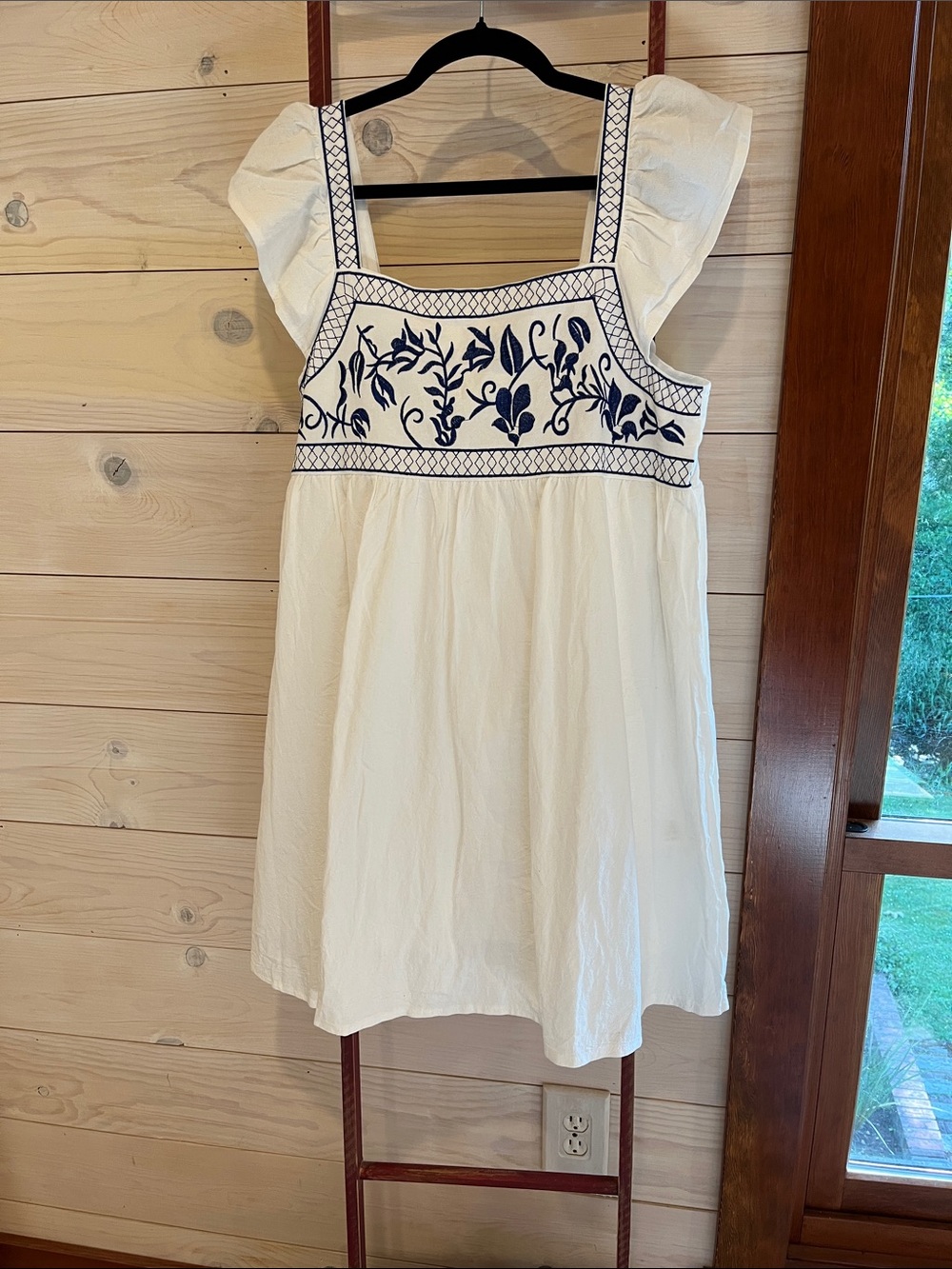 SHEIN White Mini Dress with Navy Floral Embroidery
